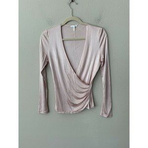 Escada Rayon Satin Long Sleeves Draped Faux Wrap Blouse Pink